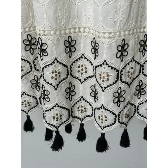 Hemant & Nandita Sleeveless White Eyelet‎ Black Tassel Midi Dress Size XS